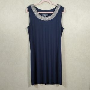 H151 R & M Collection navy knit dress w/bead & rhinestone neckline 14